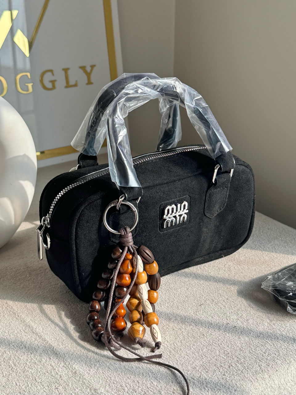 Min Min Suede Bucket Bag With Bag Charm - Black
