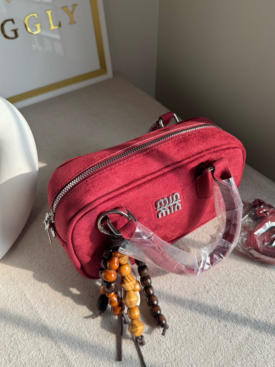 Min Min Suede Bucket Bag With Bag Charm - Red