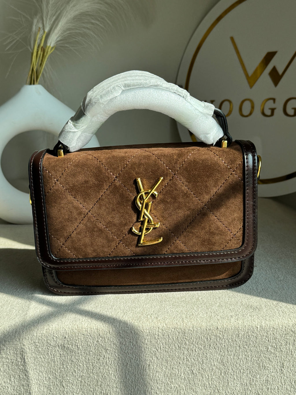 YSL Luxury Quilted Flap Top-Handle Crossbody Bag - Suede Brown