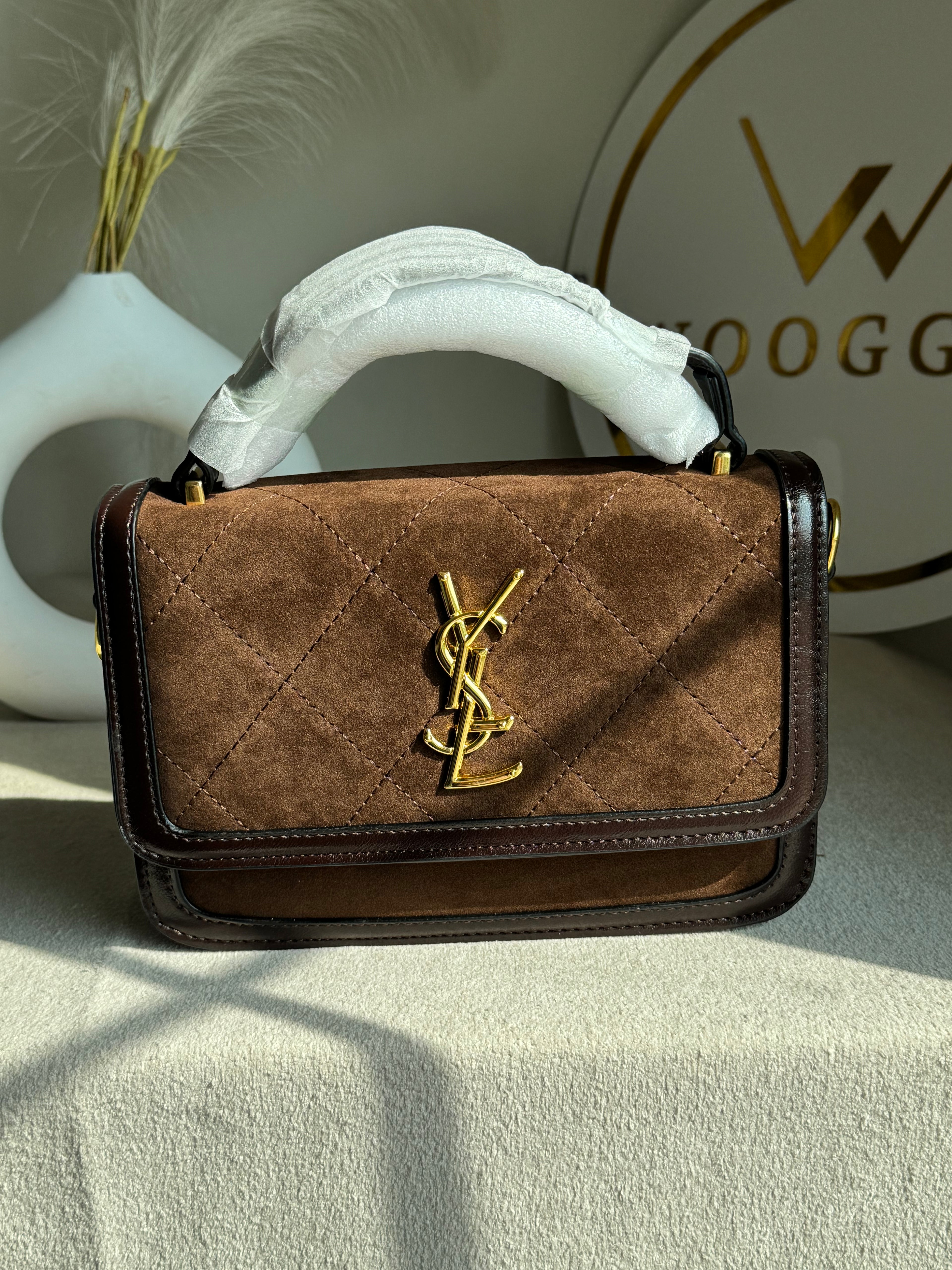 YSL Luxury Quilted Flap Top-Handle Crossbody Bag - Suede Brown