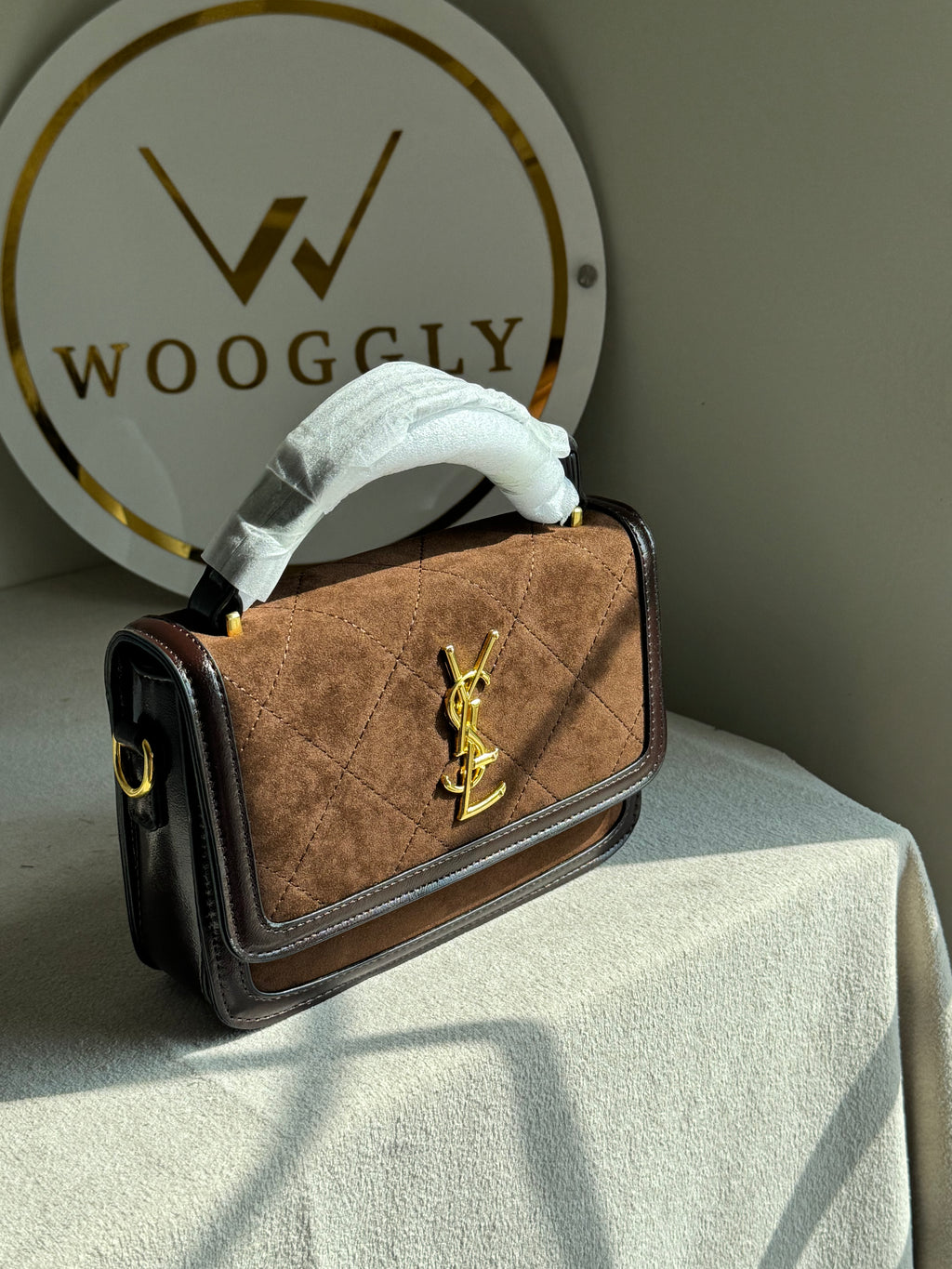 YSL Luxury Quilted Flap Top-Handle Crossbody Bag - Suede Brown