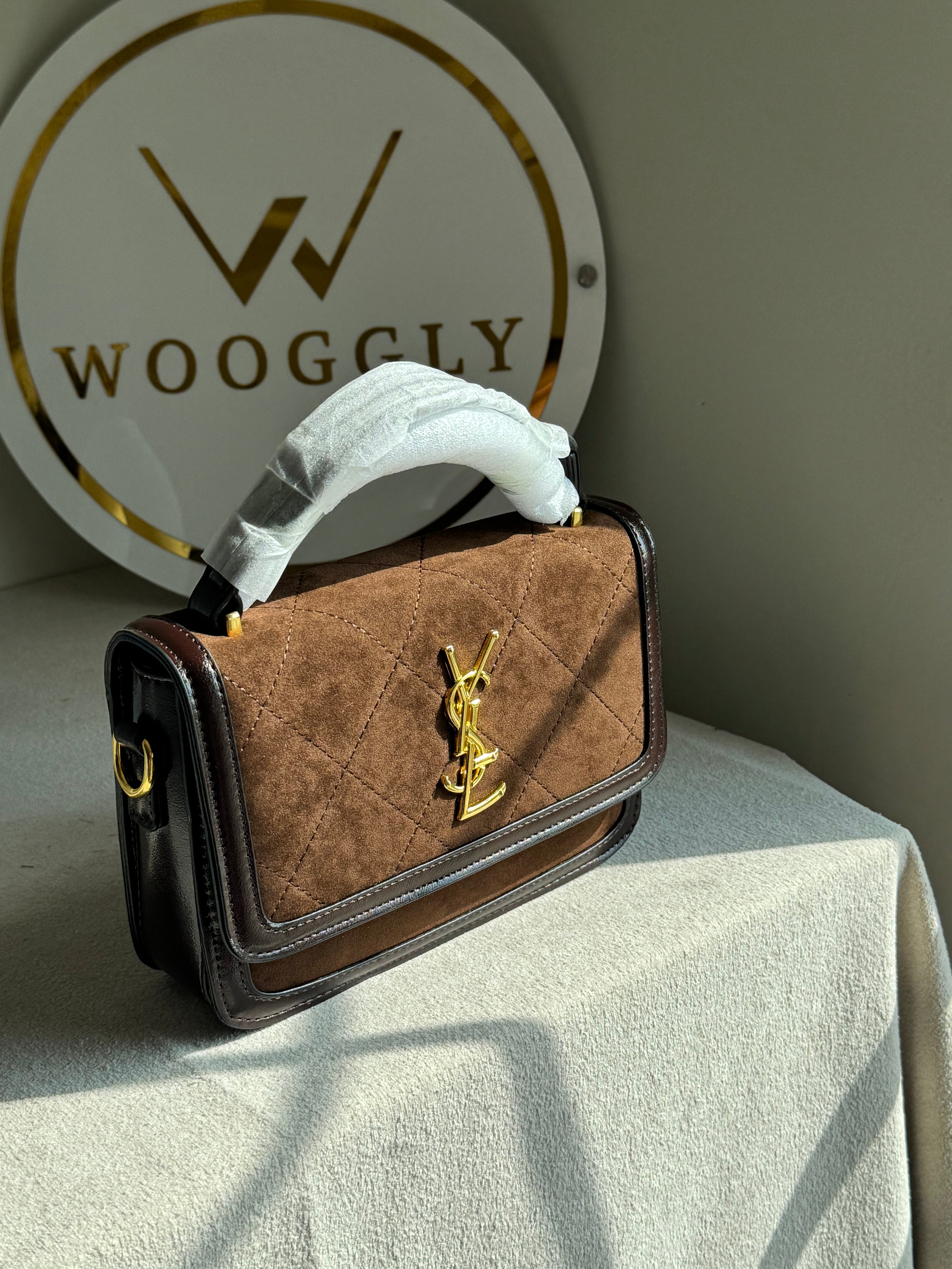 YSL Luxury Quilted Flap Top-Handle Crossbody Bag - Suede Brown