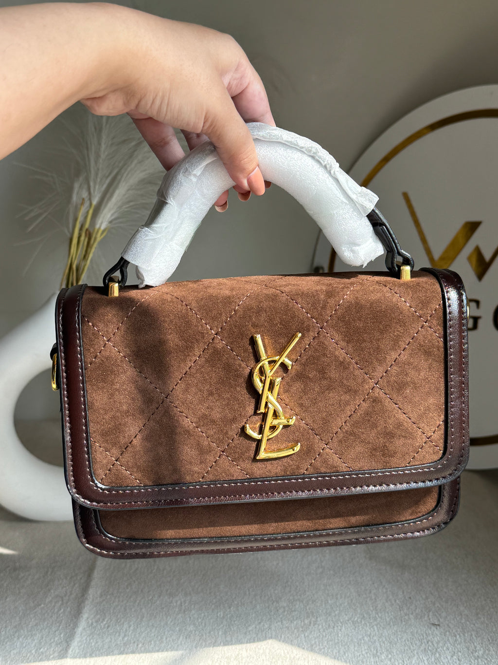 YSL Luxury Quilted Flap Top-Handle Crossbody Bag - Suede Brown