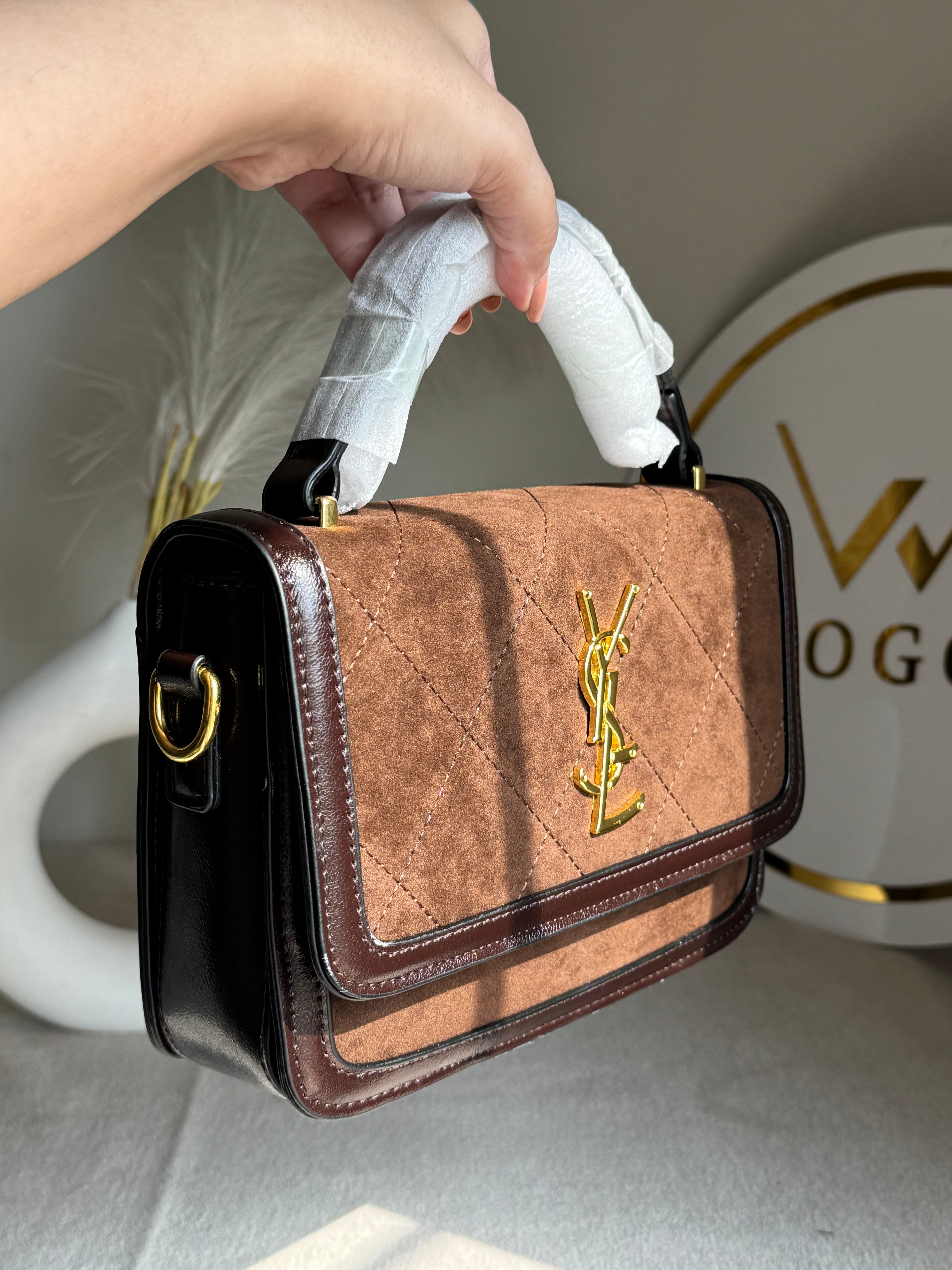 YSL Luxury Quilted Flap Top-Handle Crossbody Bag - Suede Brown
