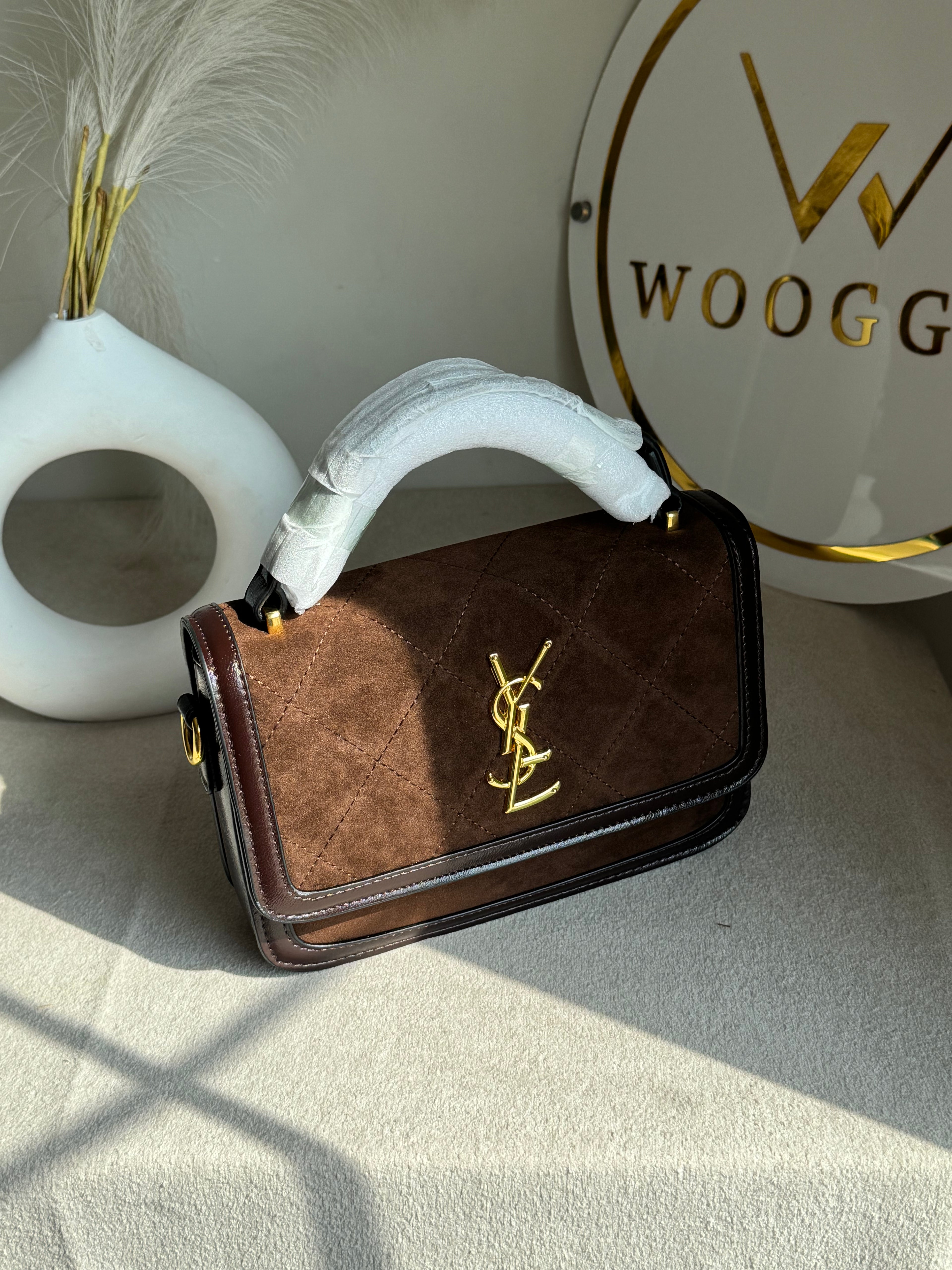 YSL Luxury Quilted Flap Top-Handle Crossbody Bag - Suede Brown