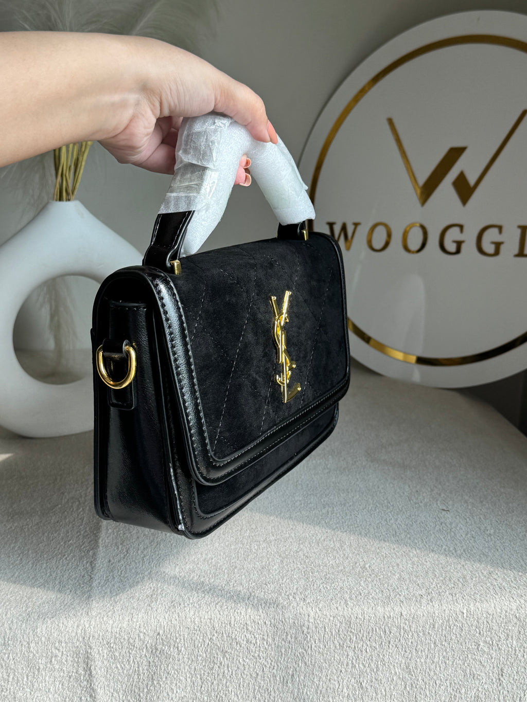 YSL Luxury Quilted Flap Top-Handle Crossbody Bag - Black