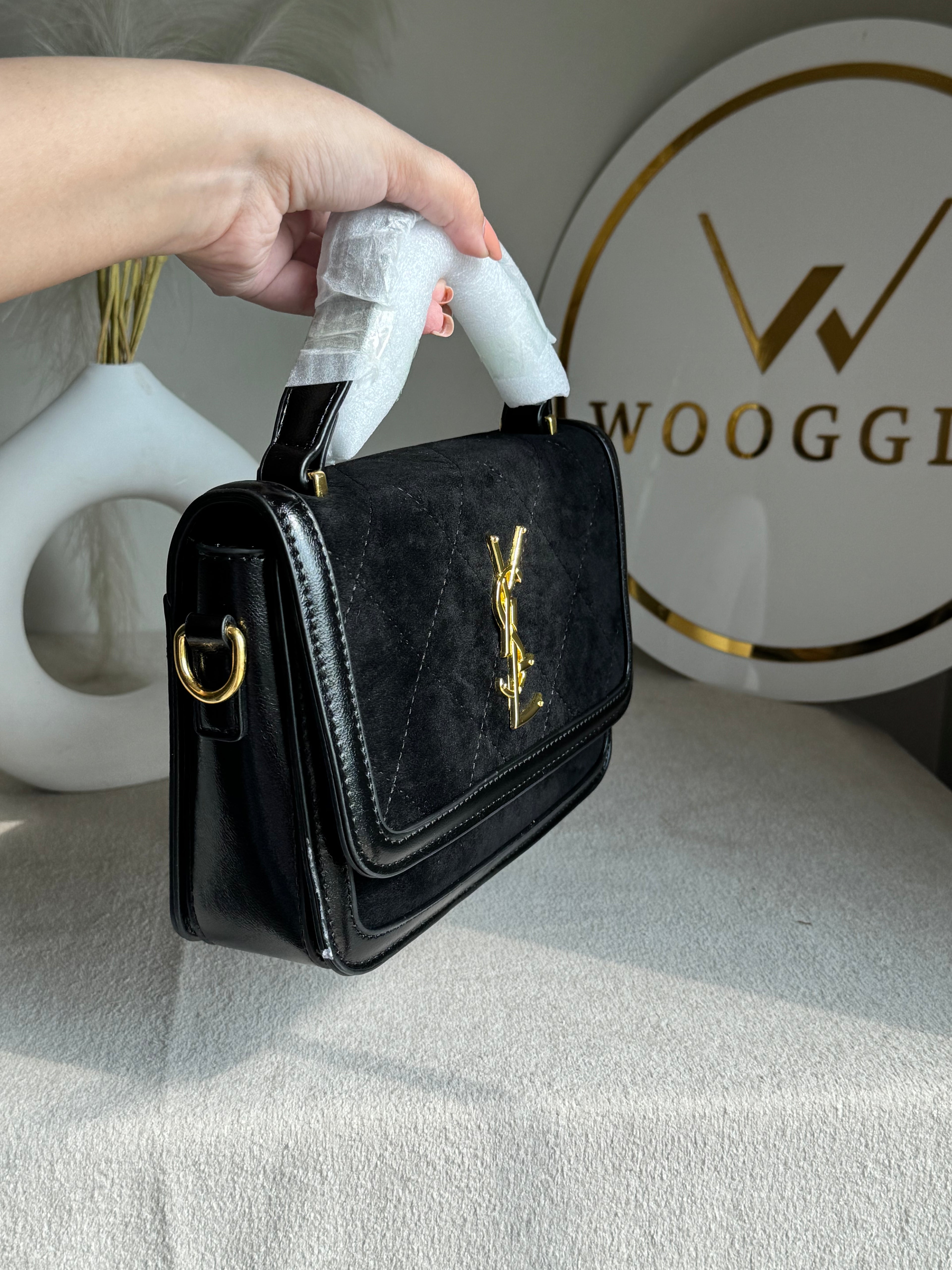 YSL Luxury Quilted Flap Top-Handle Crossbody Bag - Black