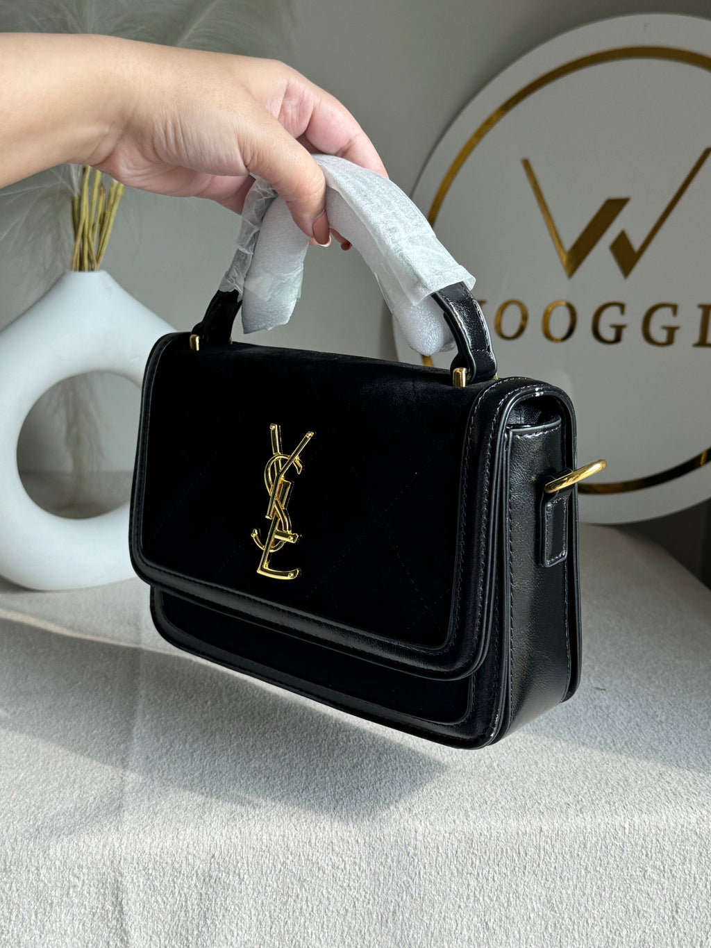 YSL Luxury Quilted Flap Top-Handle Crossbody Bag - Black