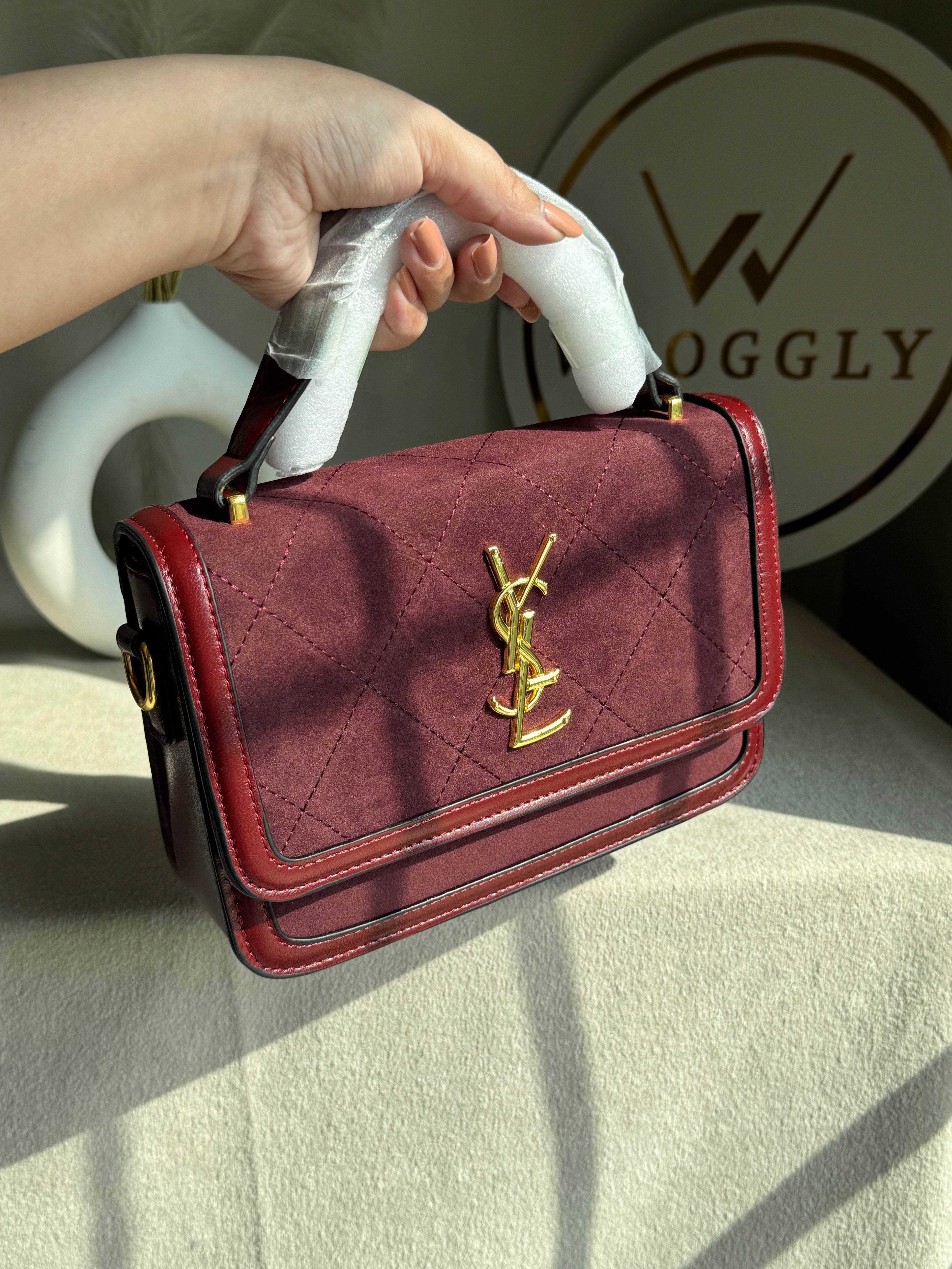 YSL Luxury Quilted Flap Top-Handle Crossbody Bag - Maroon