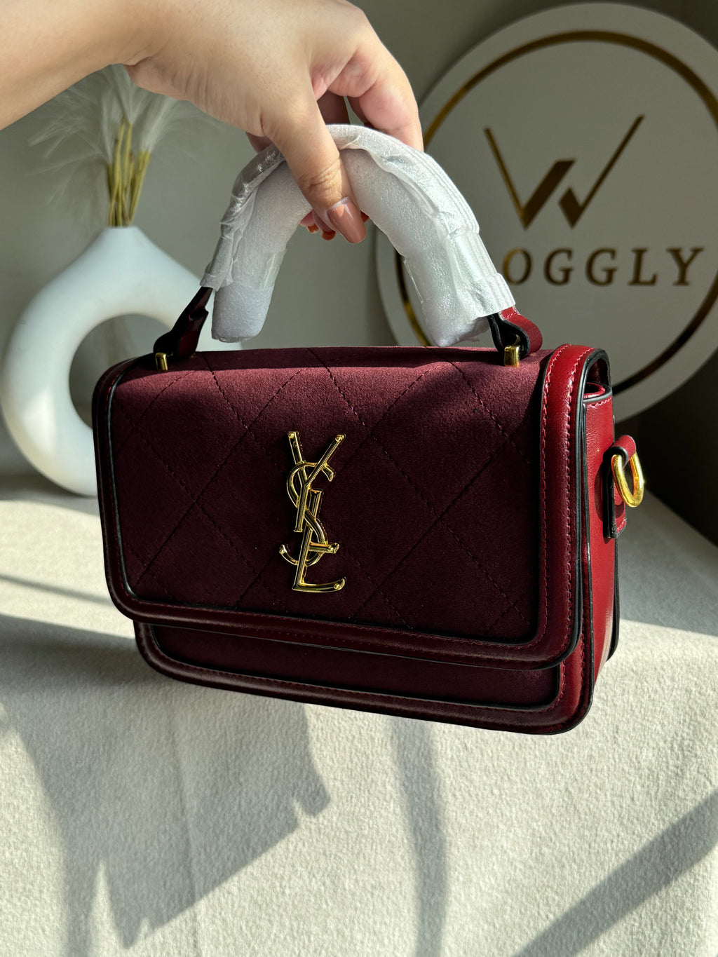 YSL Luxury Quilted Flap Top-Handle Crossbody Bag - Maroon