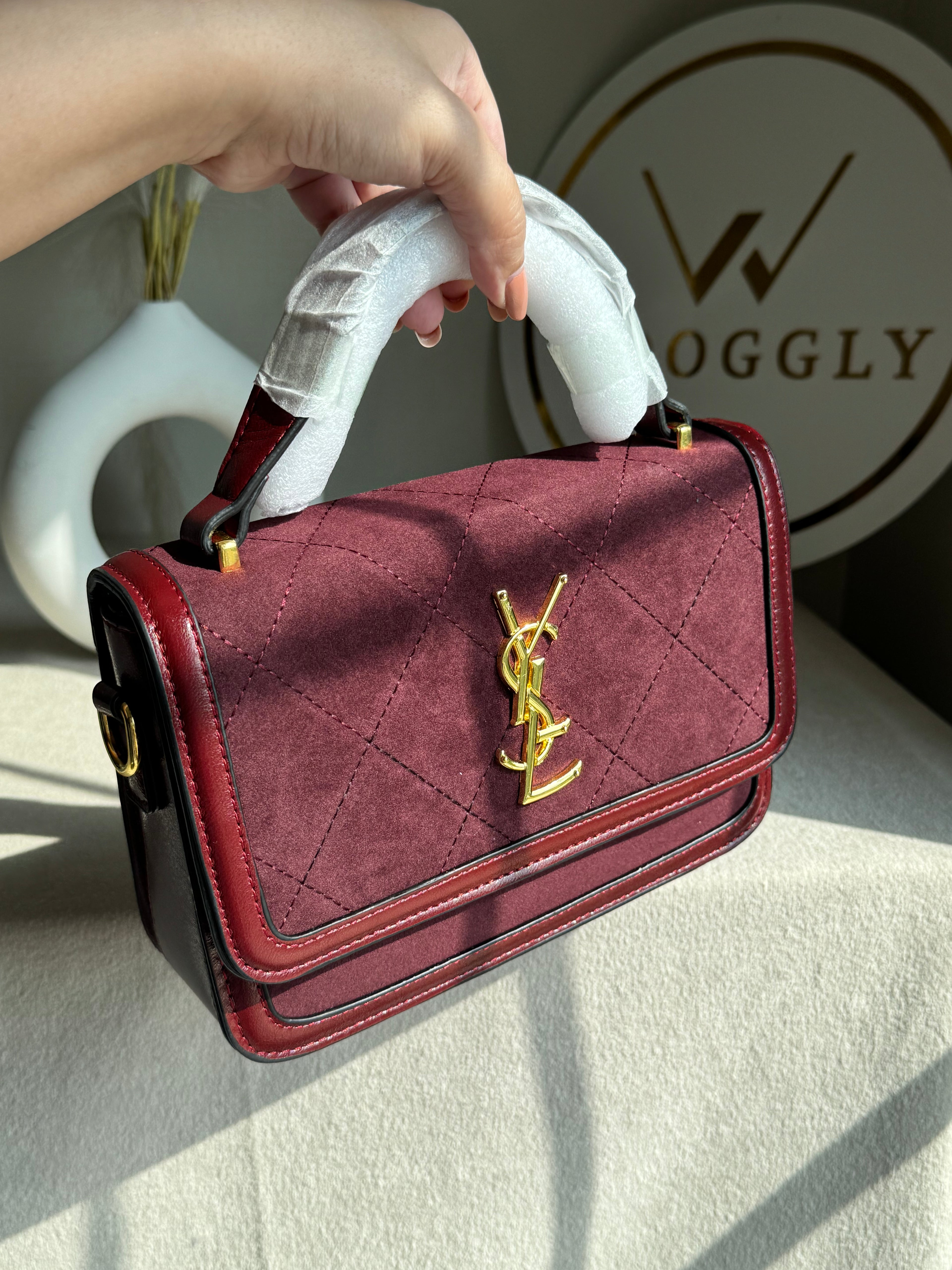 YSL Luxury Quilted Flap Top-Handle Crossbody Bag - Maroon
