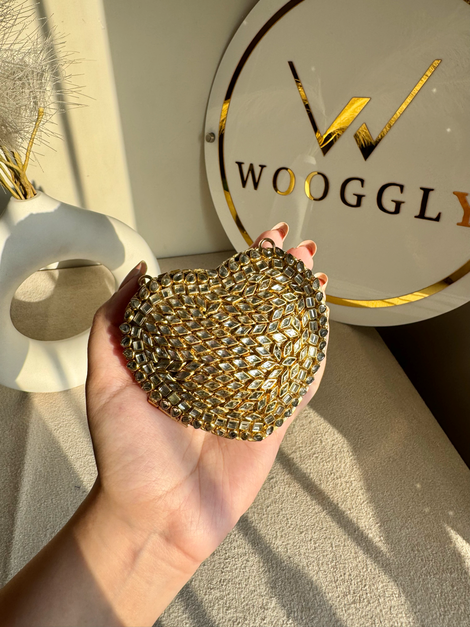 The Desi Glam Heart Clutch  - Gold with Chain Design 2
