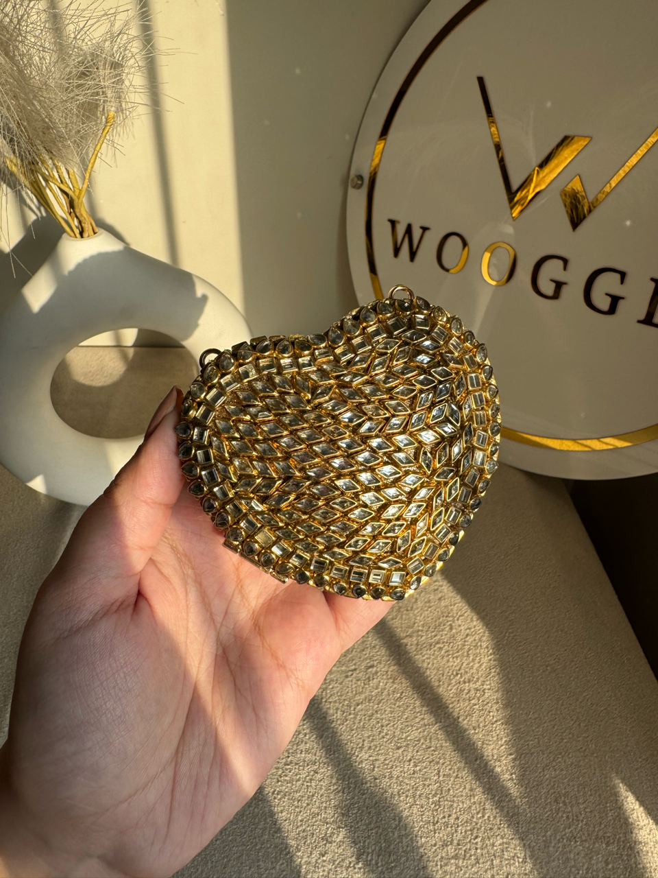 The Desi Glam Heart Clutch  - Gold with Chain Design 2