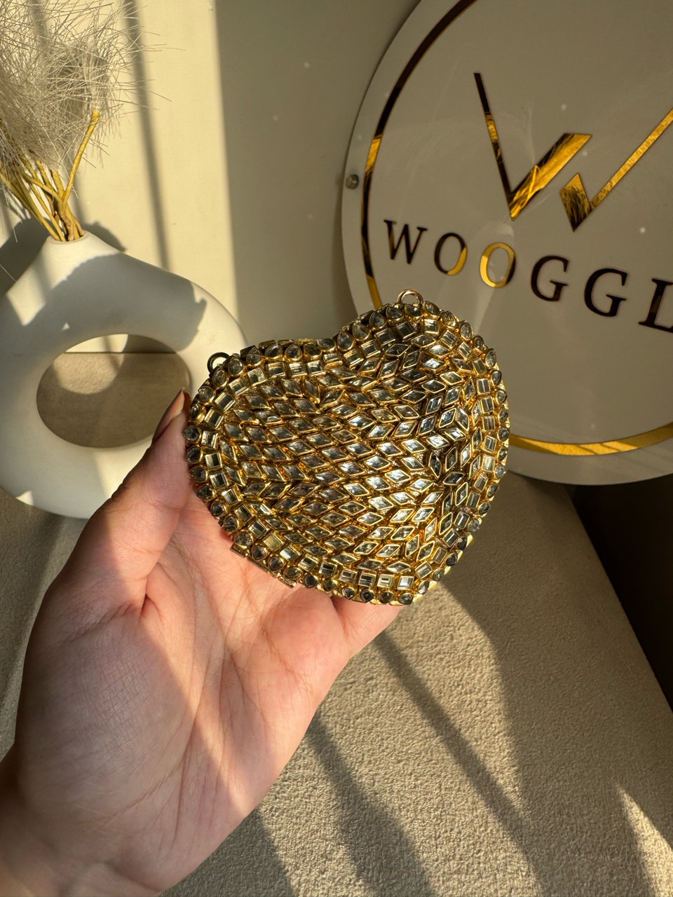 The Desi Glam Heart Clutch  - Gold with Chain Design 2