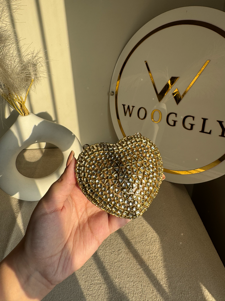The Desi Glam Heart Clutch  - Gold with Chain