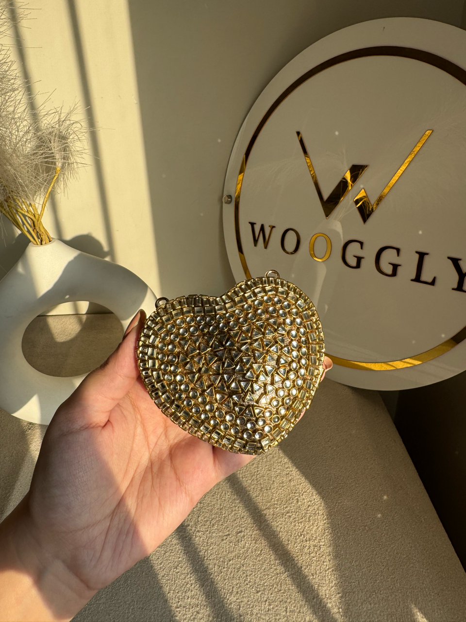 The Desi Glam Heart Clutch  - Gold with Chain