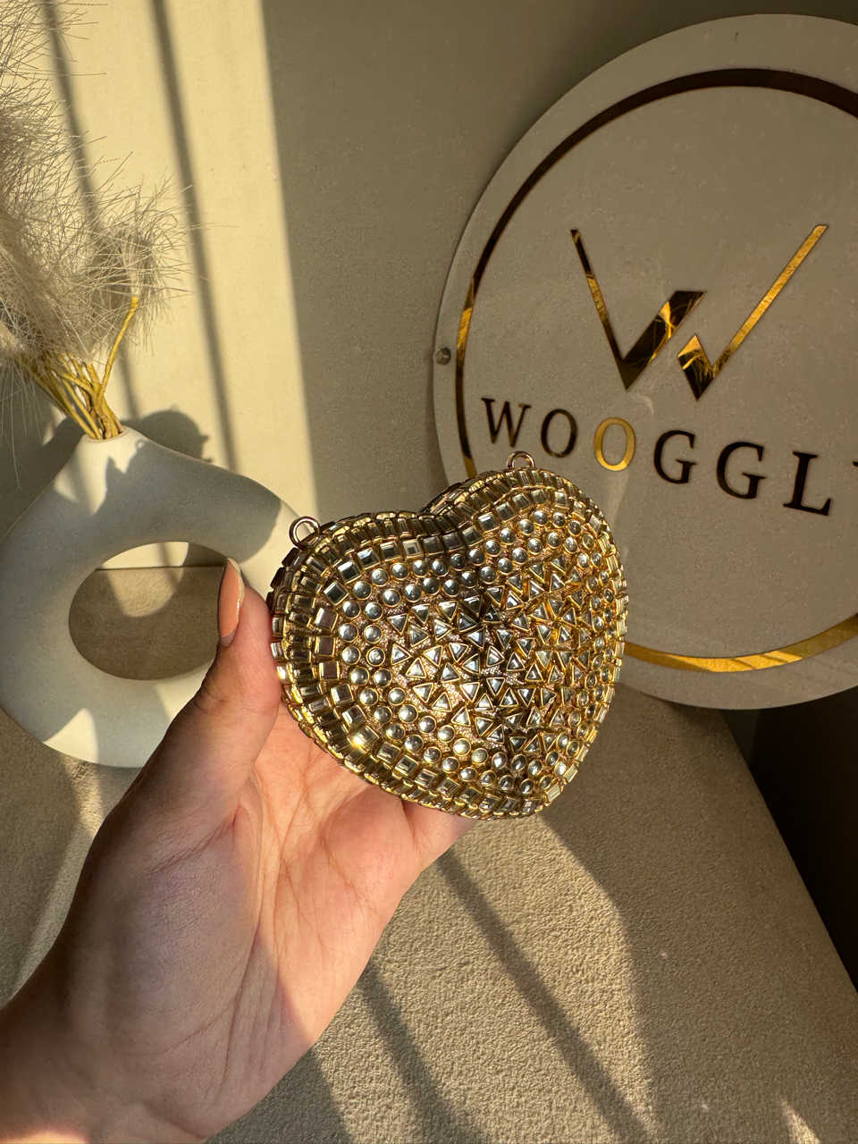 The Desi Glam Heart Clutch  - Gold with Chain