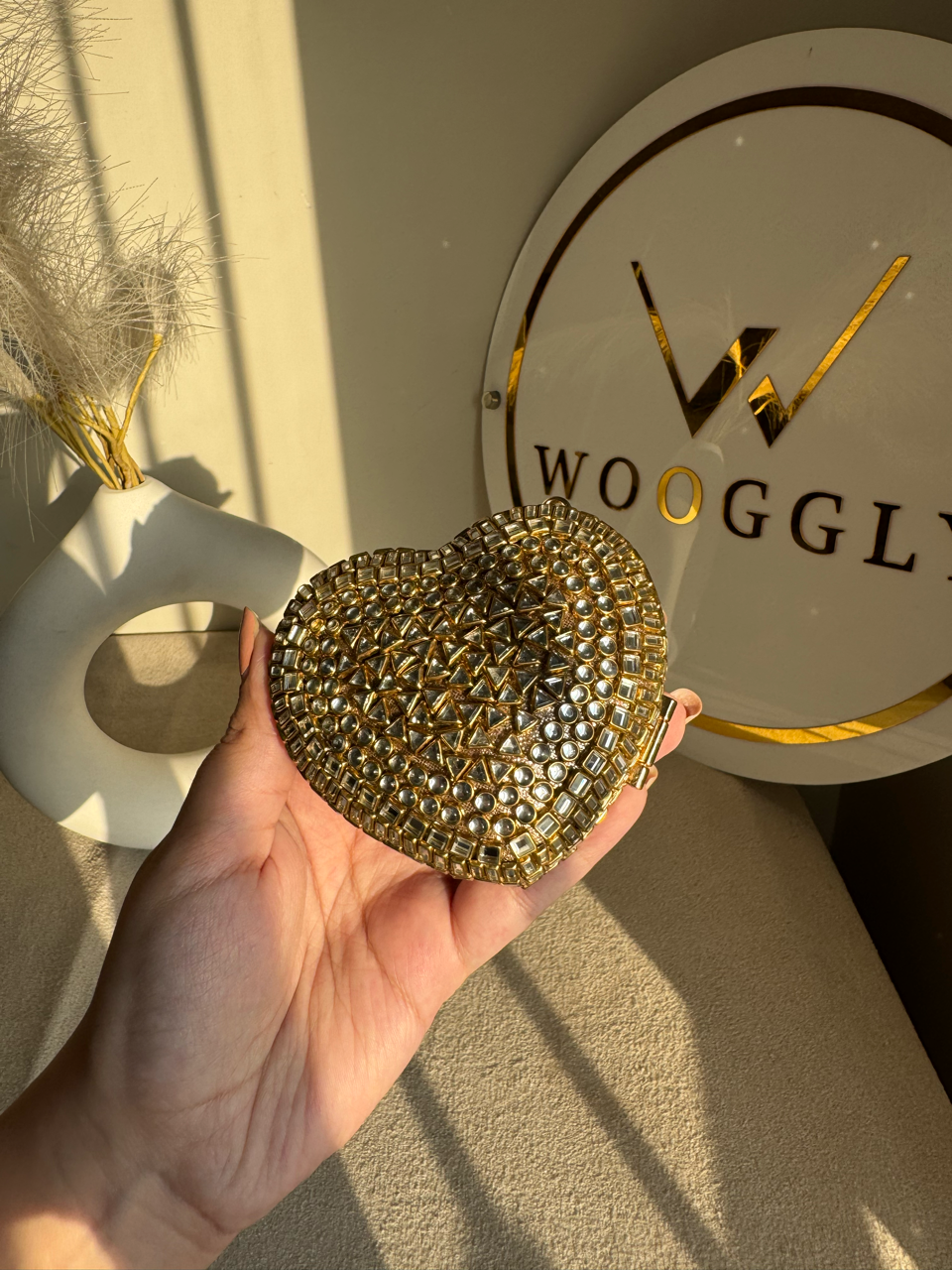The Desi Glam Heart Clutch  - Gold with Chain