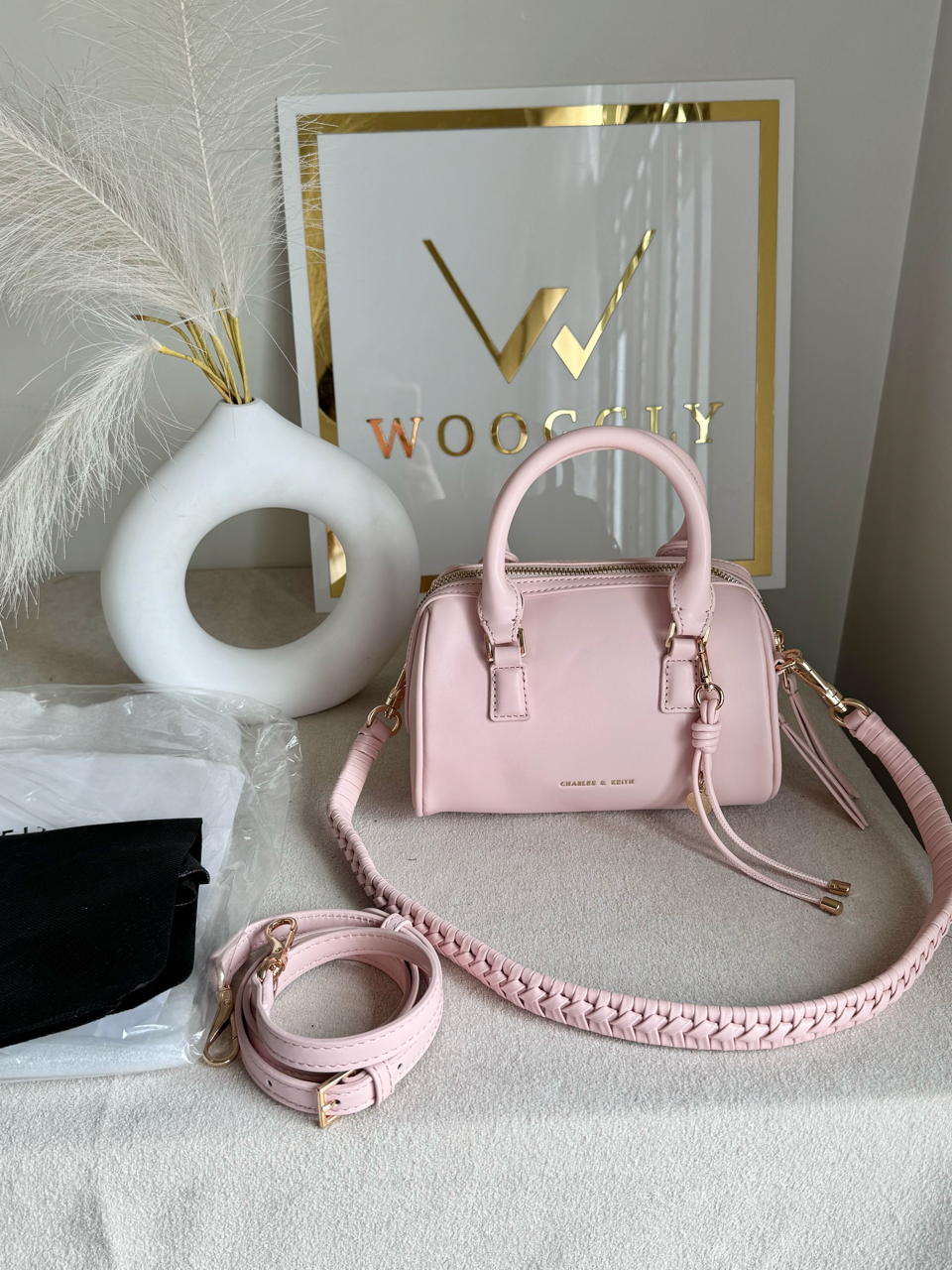 Charles & Keith Premium Duffle Bag with Charm & Box Packing - Baby Pink