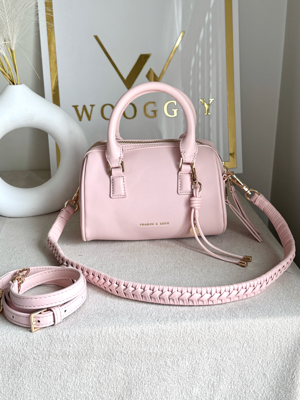 Charles & Keith Premium Duffle Bag with Charm & Box Packing - Baby Pink