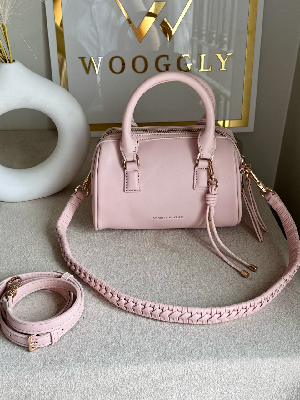 Charles & Keith Premium Duffle Bag with Charm & Box Packing - Baby Pink