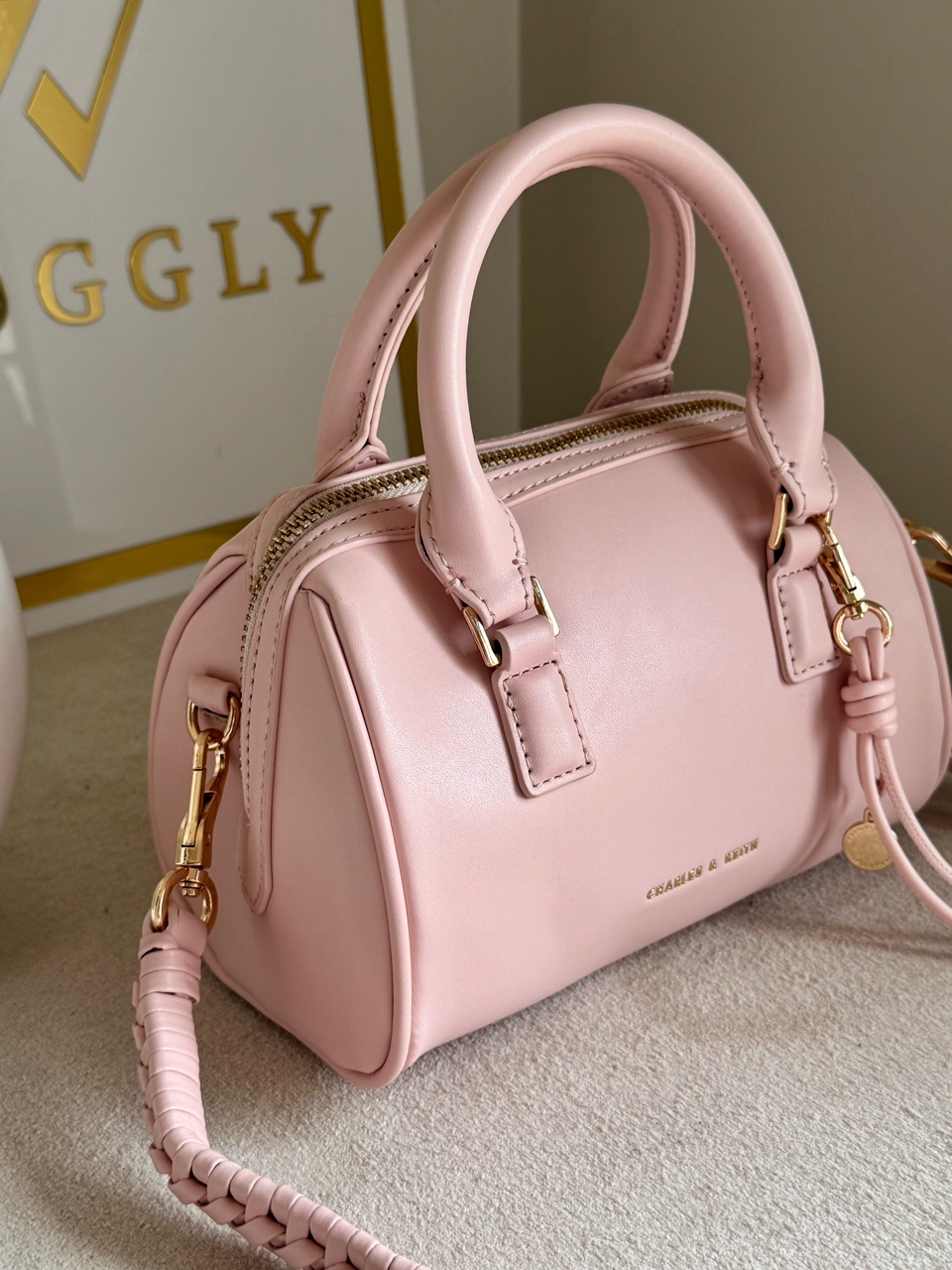 Charles & Keith Premium Duffle Bag with Charm & Box Packing - Baby Pink