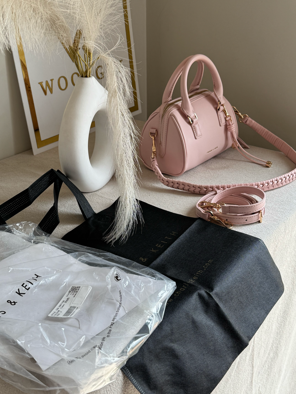 Charles & Keith Premium Duffle Bag with Charm & Box Packing - Baby Pink