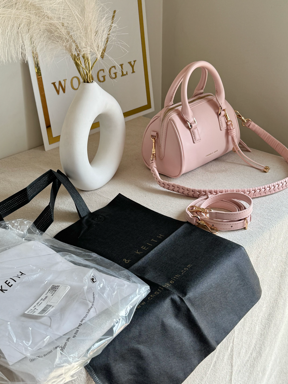 Charles & Keith Premium Duffle Bag with Charm & Box Packing - Baby Pink