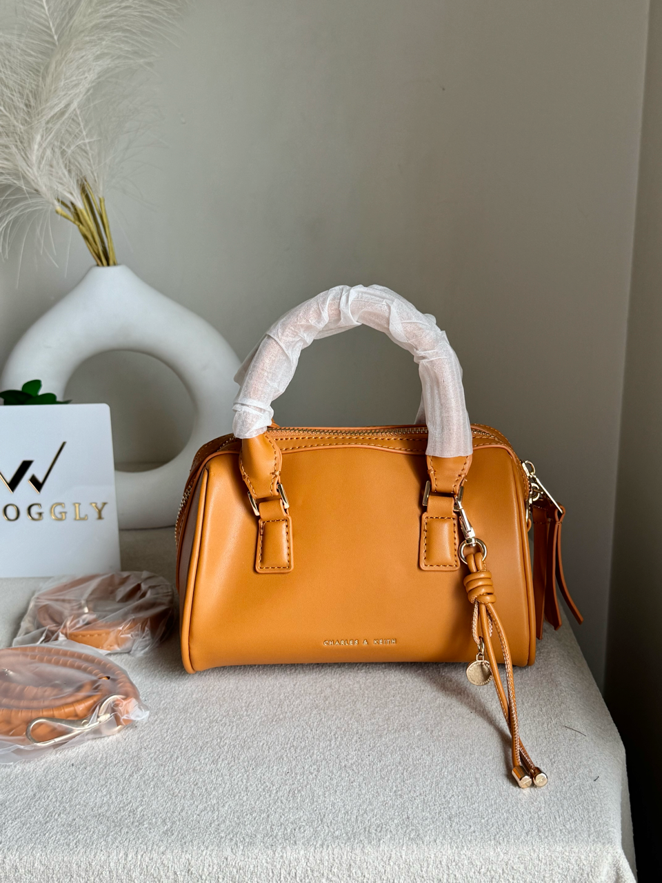 Charles & Keith Premium Duffle Bag with Charm & Box Packing- Fall Brown