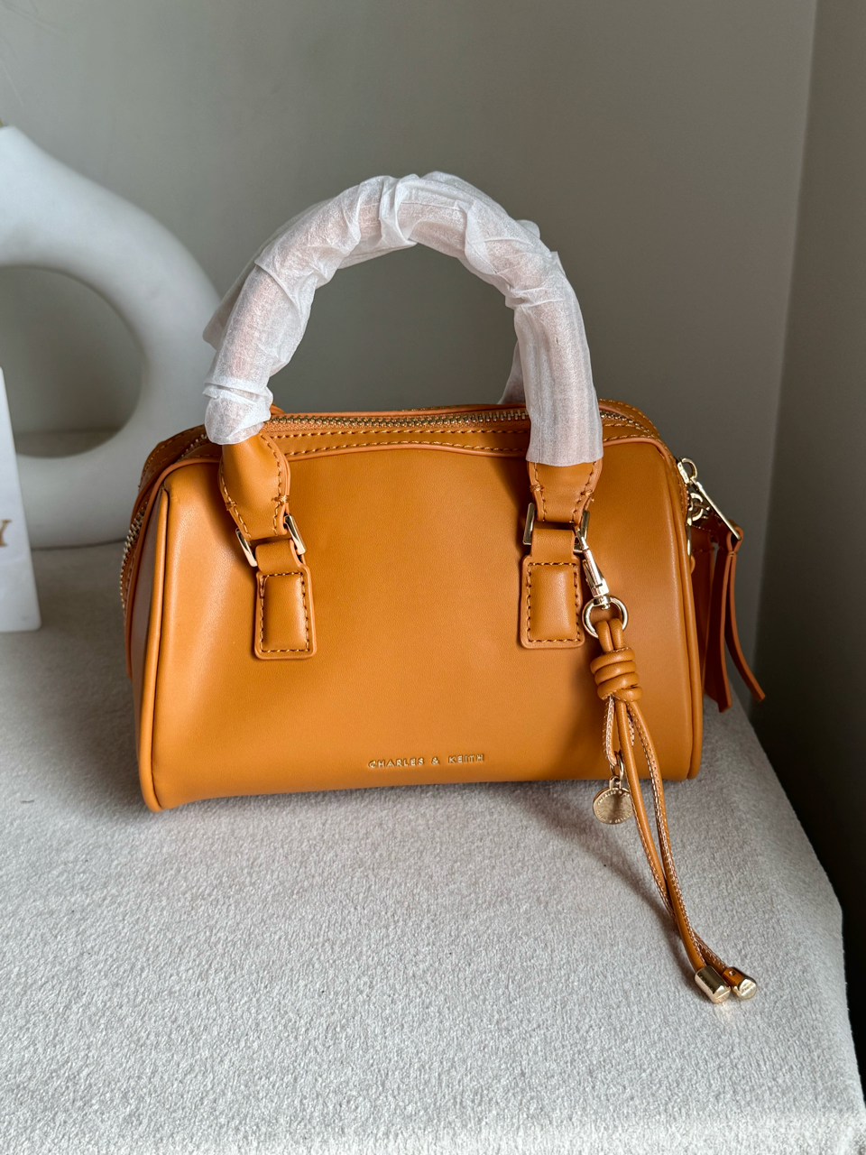 Charles & Keith Premium Duffle Bag with Charm & Box Packing- Fall Brown