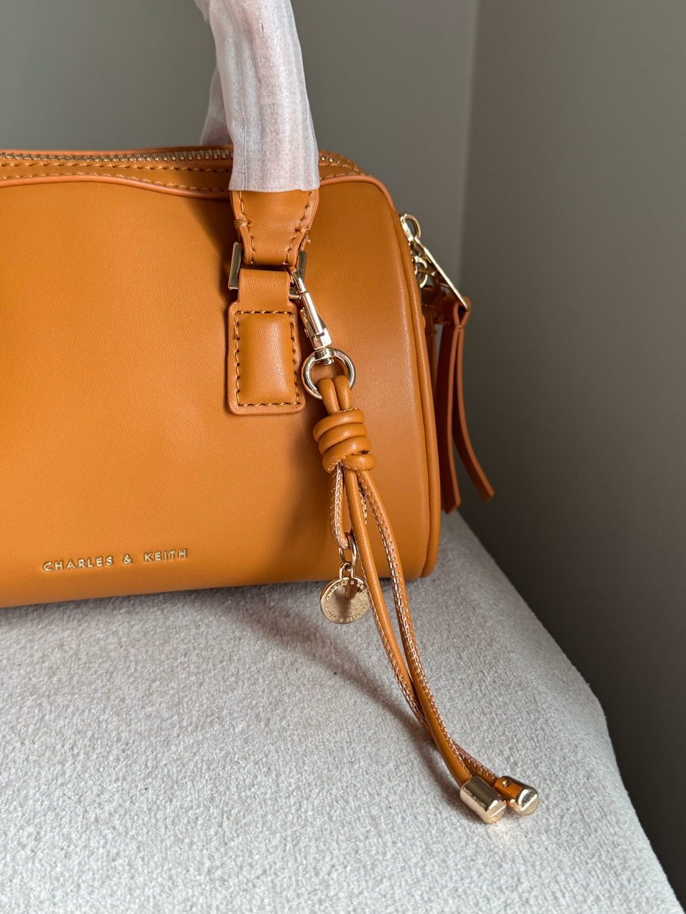 Charles & Keith Premium Duffle Bag with Charm & Box Packing- Fall Brown