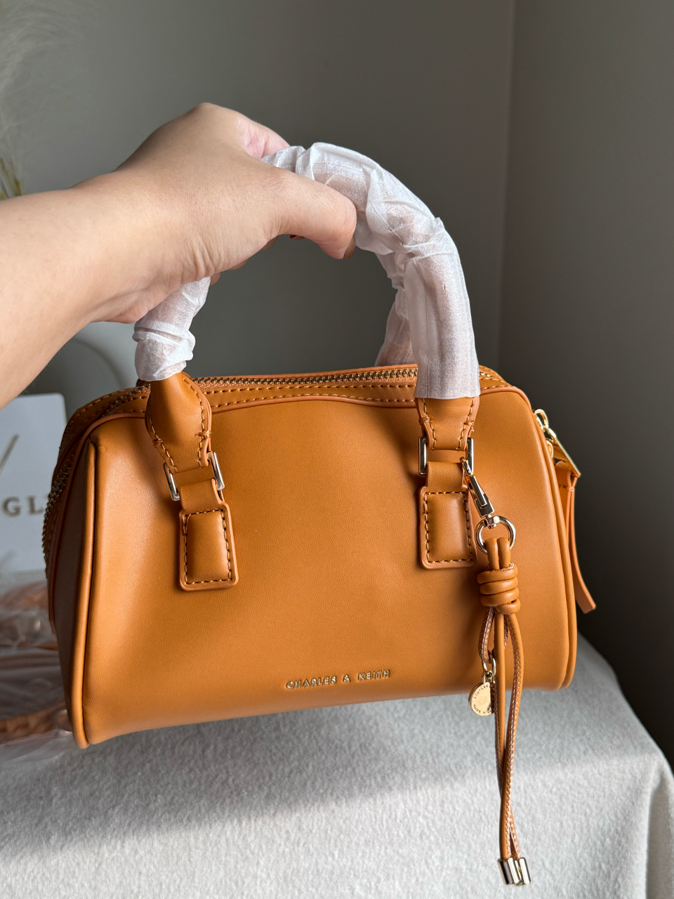 Charles & Keith Premium Duffle Bag with Charm & Box Packing- Fall Brown
