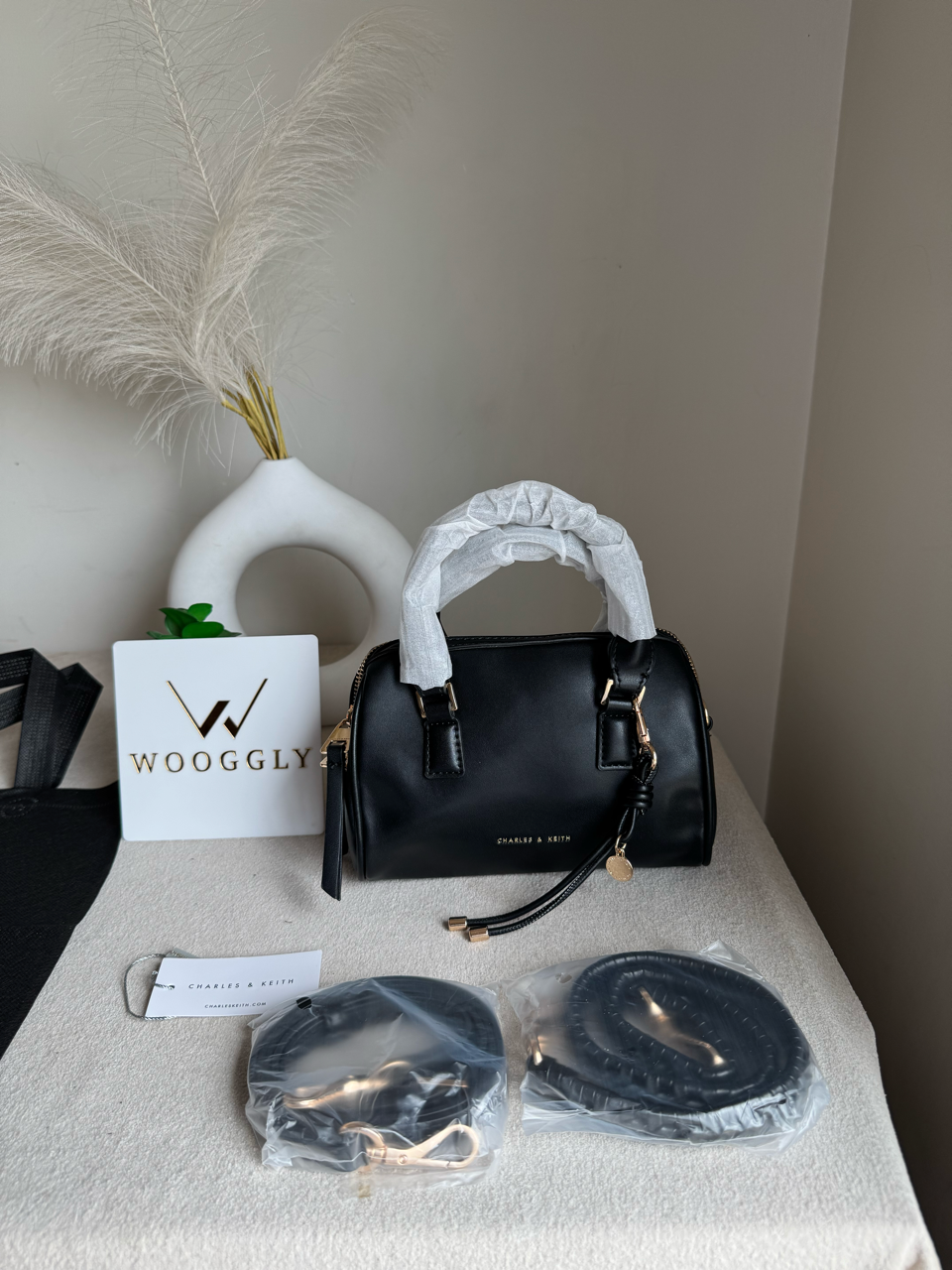 Charles & Keith Premium Duffle Bag with Charm & Box Packing- Black