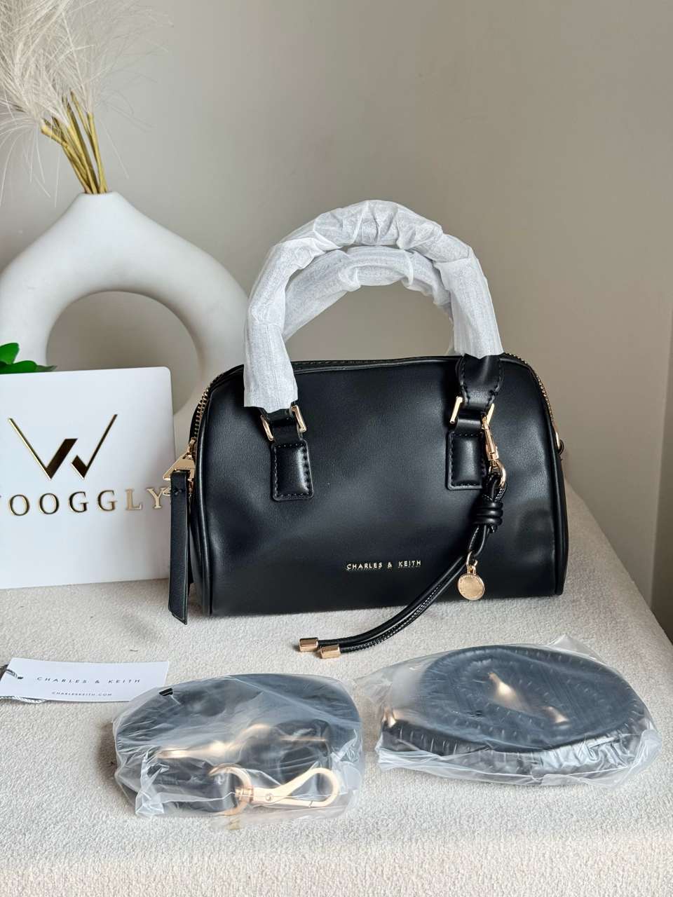 Charles & Keith Premium Duffle Bag with Charm & Box Packing- Black