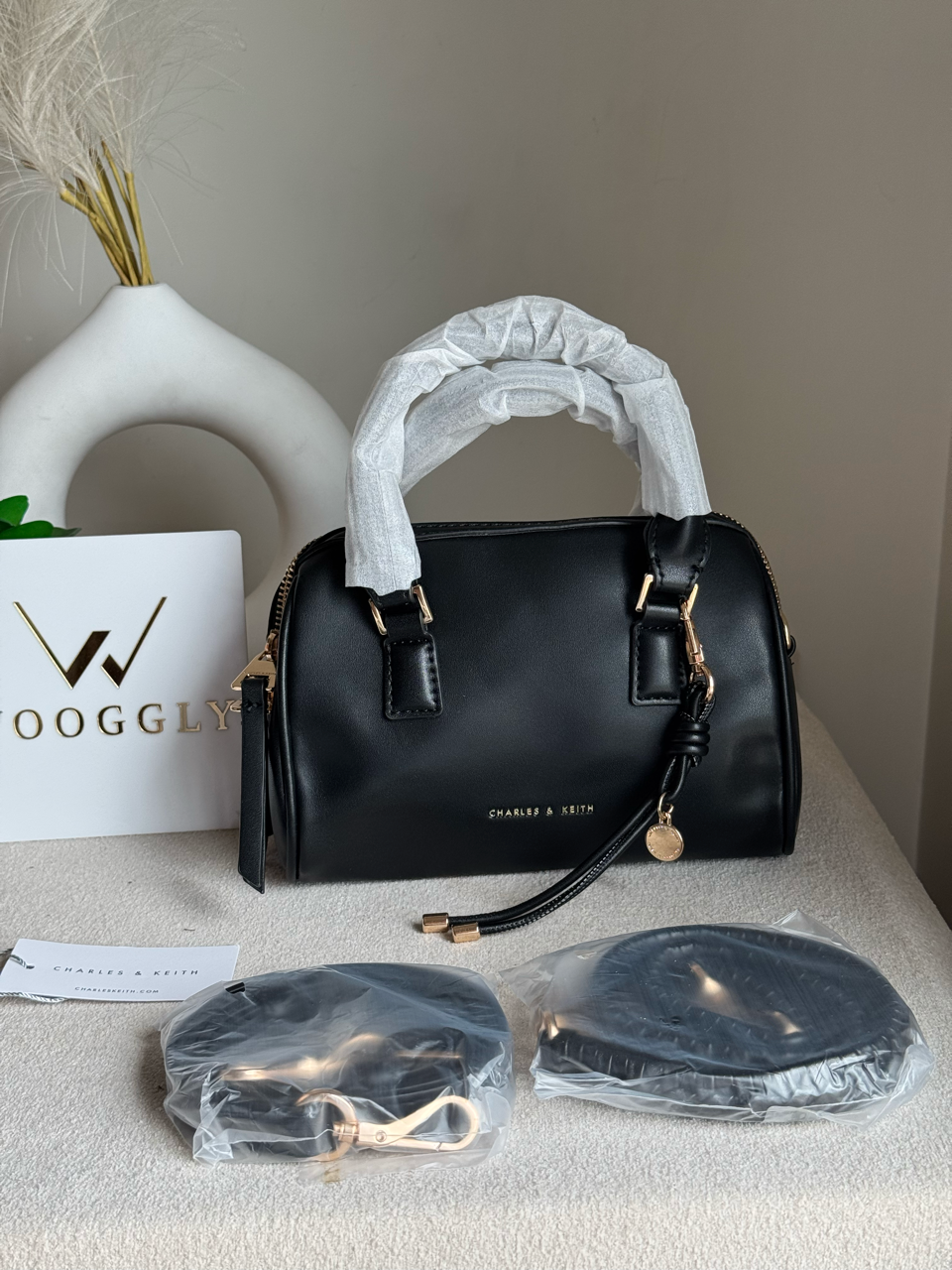 Charles & Keith Premium Duffle Bag with Charm & Box Packing- Black