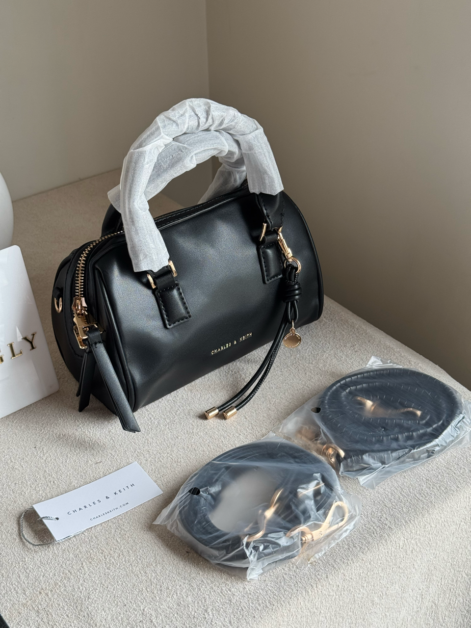 Charles & Keith Premium Duffle Bag with Charm & Box Packing- Black