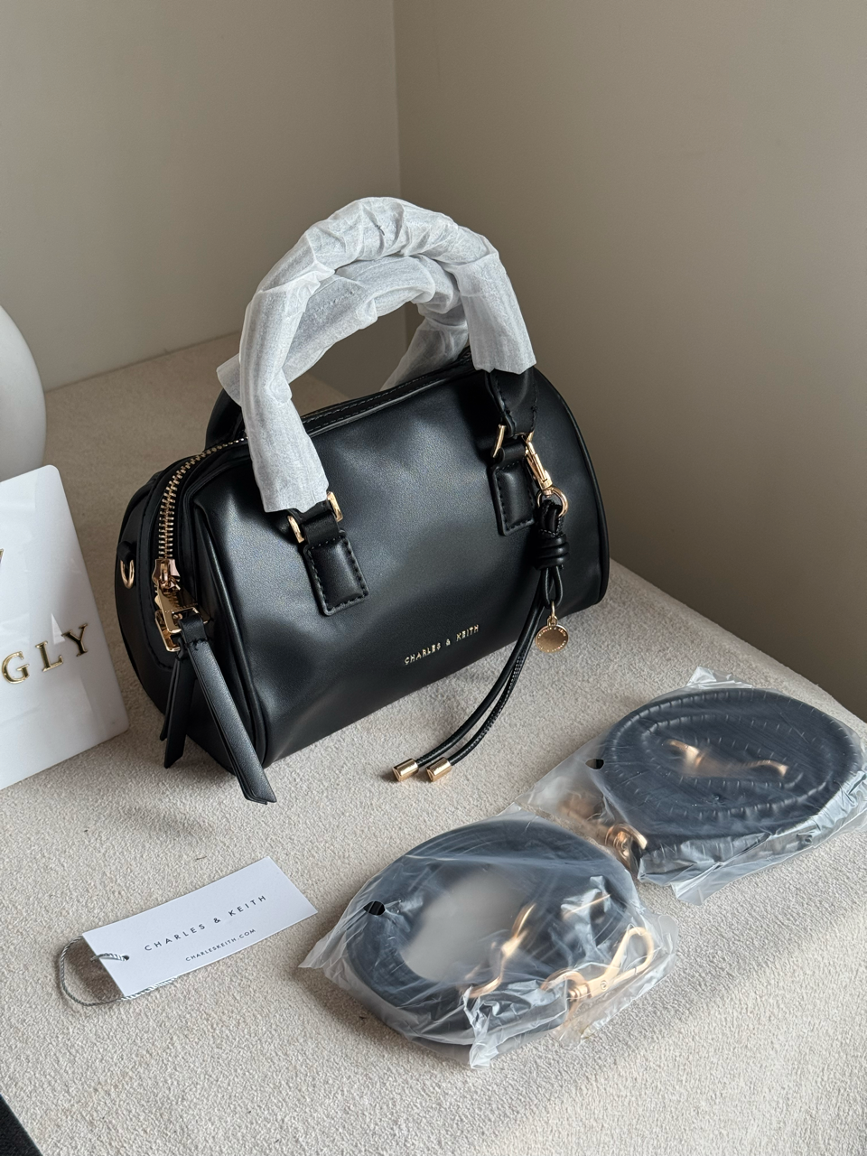 Charles & Keith Premium Duffle Bag with Charm & Box Packing- Black