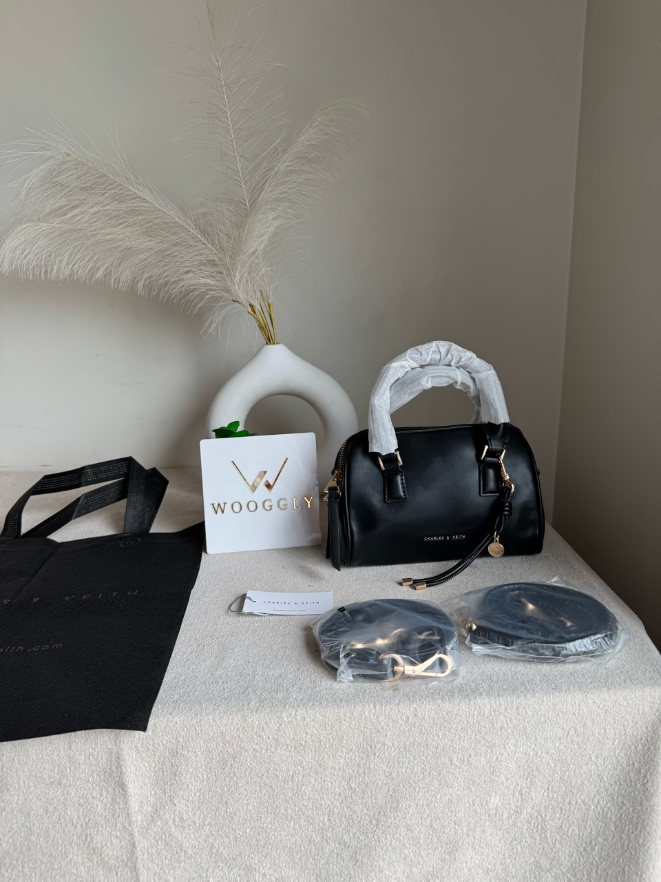 Charles & Keith Premium Duffle Bag with Charm & Box Packing- Black