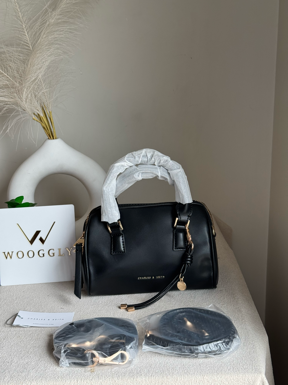 Charles & Keith Premium Duffle Bag with Charm & Box Packing- Black
