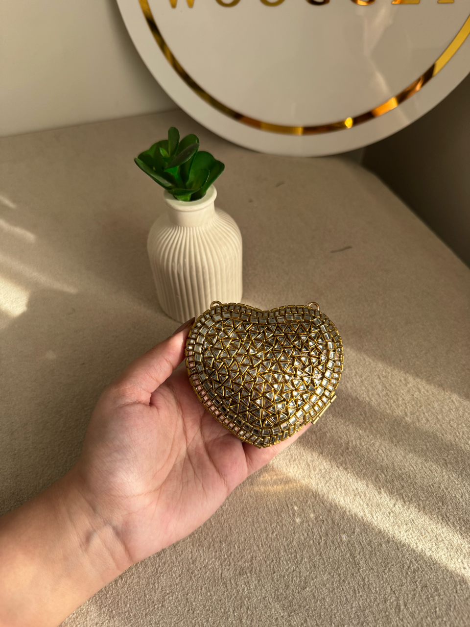 The Desi Glam Heart Clutch  - Gold with Chain Design 3