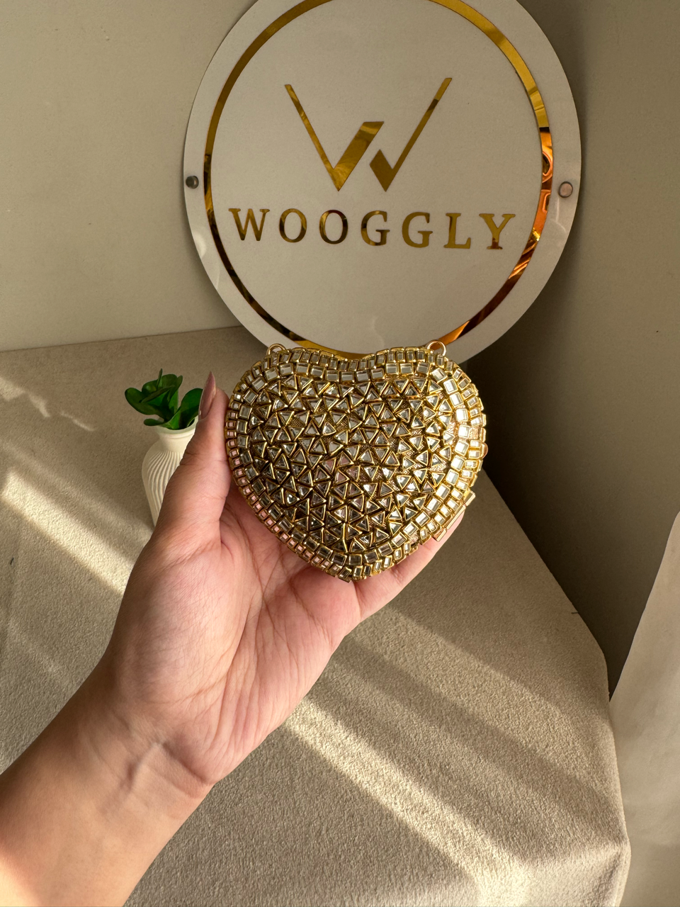 The Desi Glam Heart Clutch  - Gold with Chain Design 3