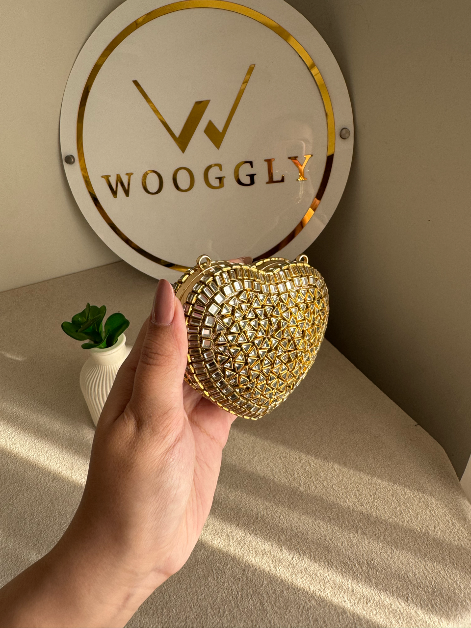 The Desi Glam Heart Clutch  - Gold with Chain Design 3