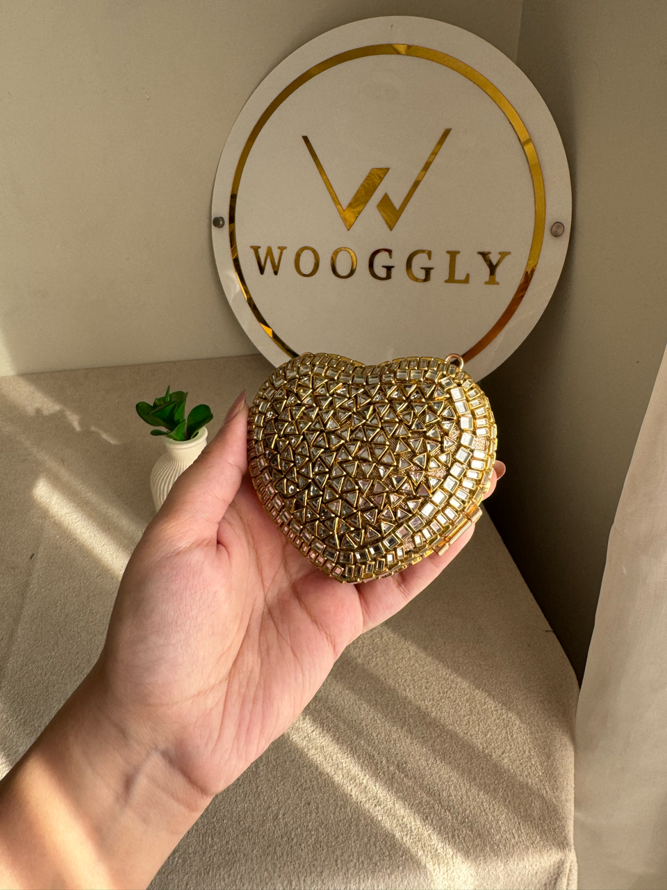 The Desi Glam Heart Clutch  - Gold with Chain Design 3
