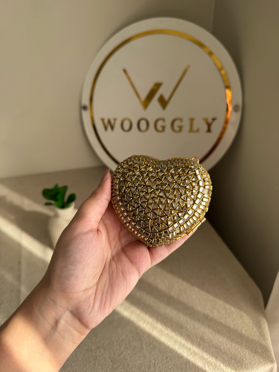 The Desi Glam Heart Clutch  - Gold with Chain Design 3