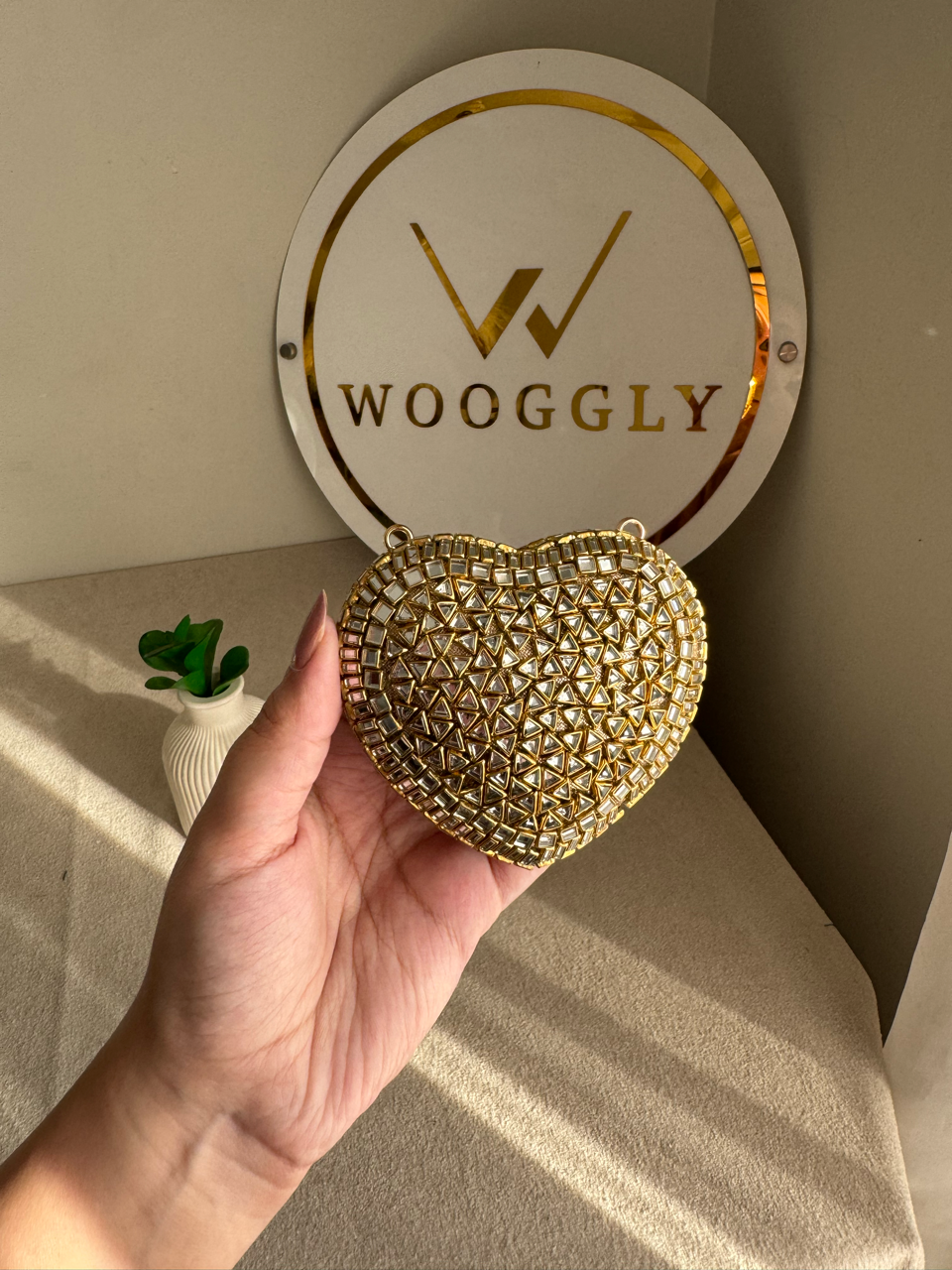 The Desi Glam Heart Clutch  - Gold with Chain Design 3