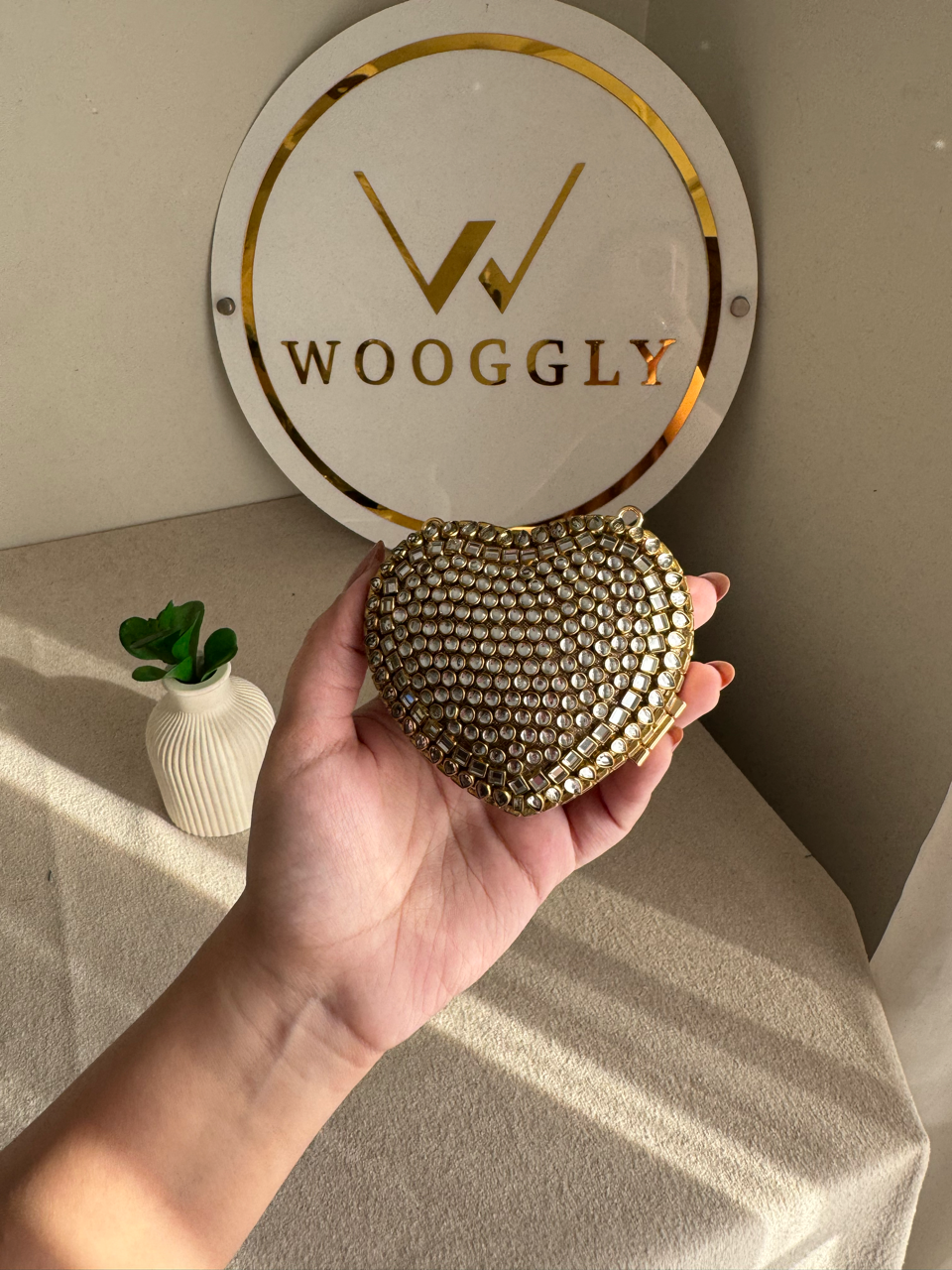 The Desi Glam Heart Clutch  - Gold with Chain Design 4