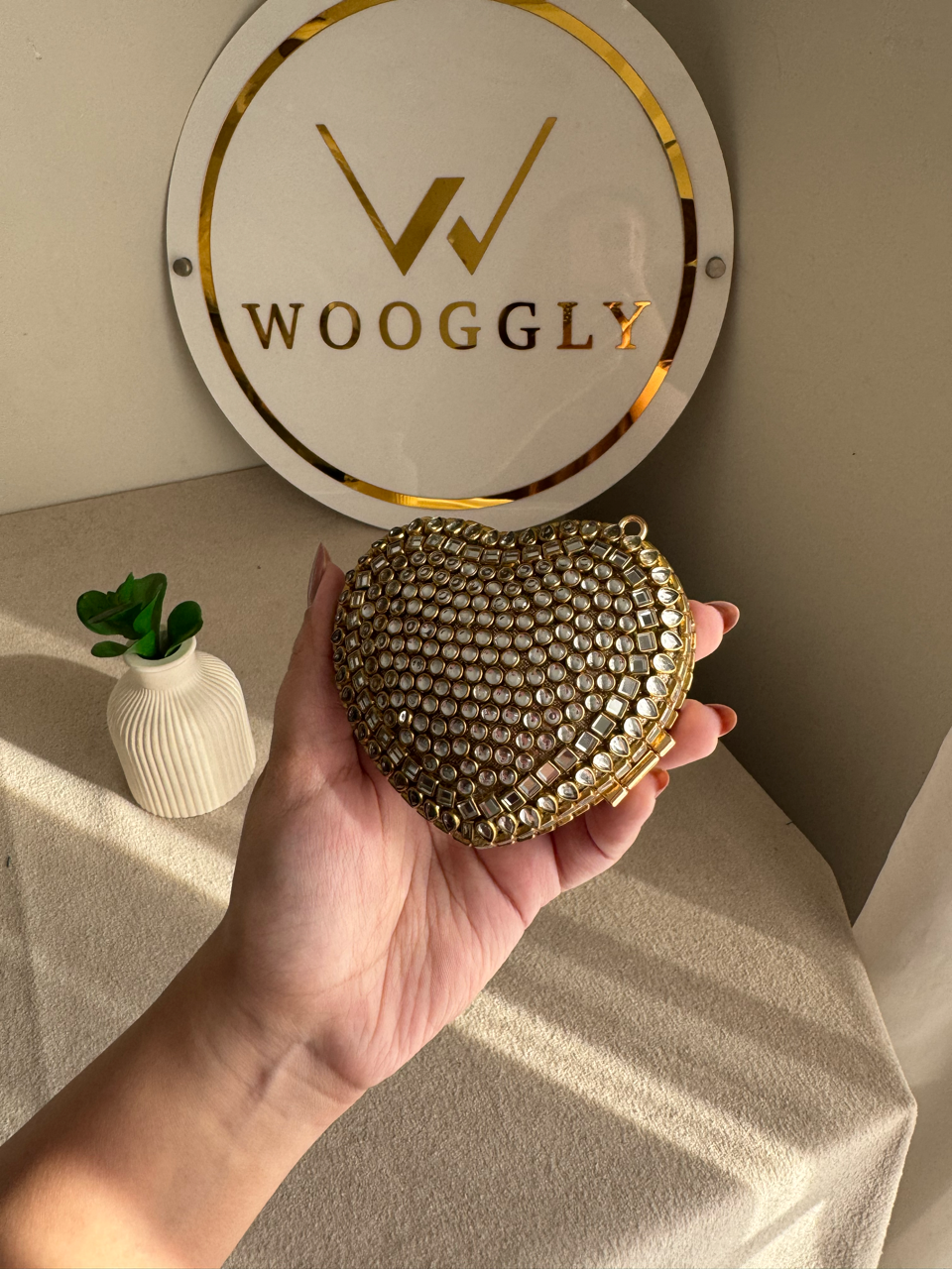 The Desi Glam Heart Clutch  - Gold with Chain Design 4
