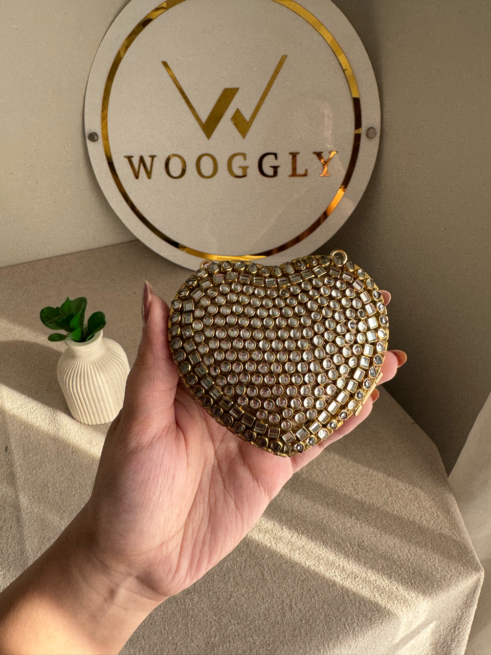 The Desi Glam Heart Clutch  - Gold with Chain Design 4