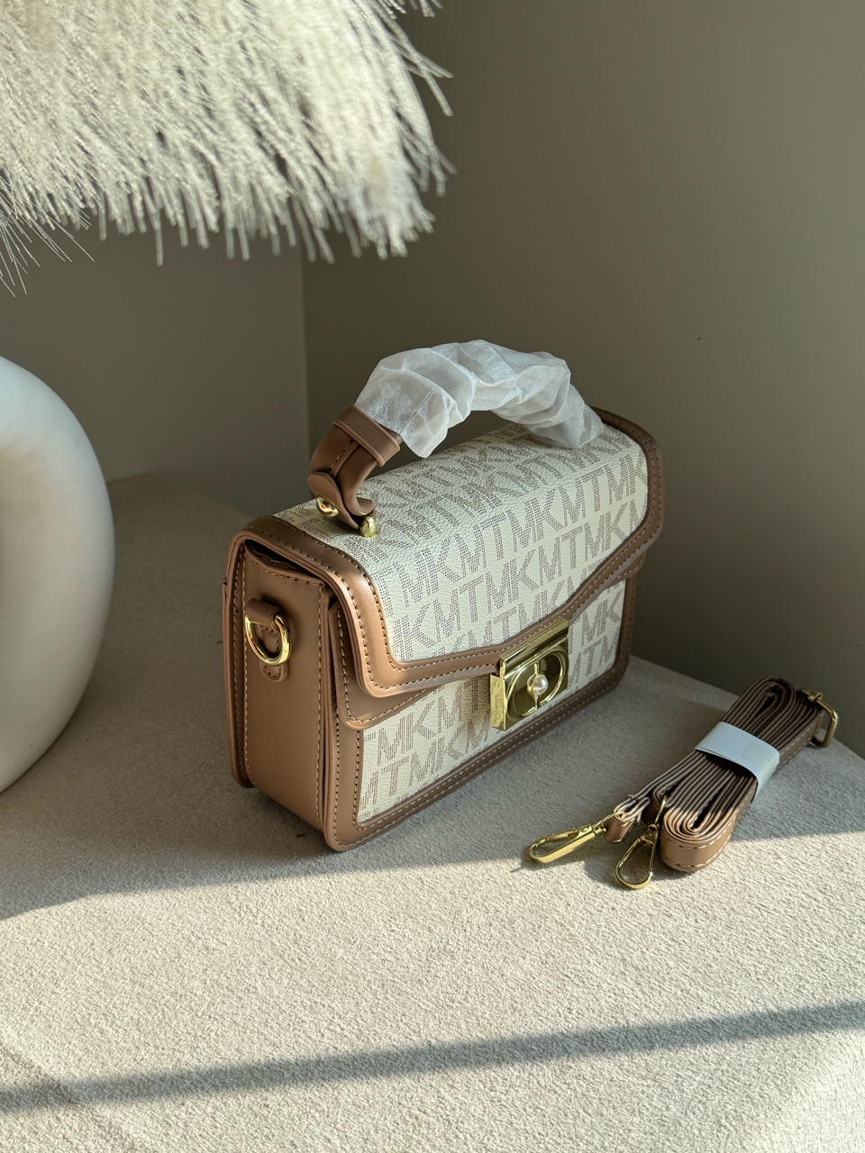 Belle Pearl Accent Handbag - Beige Tan