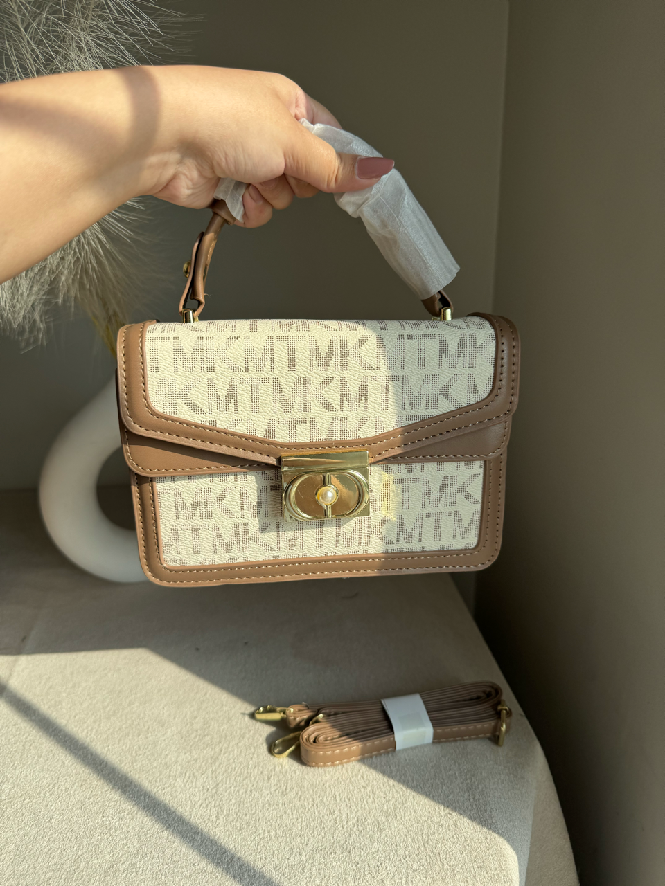 Belle Pearl Accent Handbag - Beige Tan